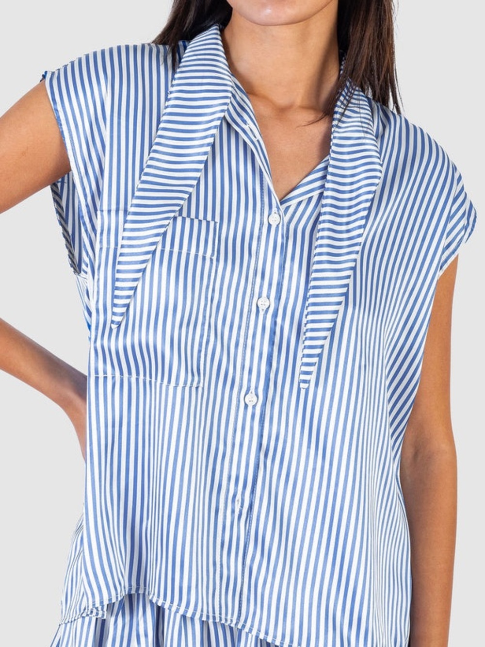 Wyatt Top Sea Stripe Sleeveless Tie-Neck Button-Down Stripe Blouse Blue White